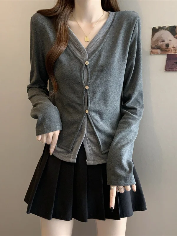 

Женская трикотажная футболка больших размеров с V-образным вырезом и длинным рукавом, скрывающая живот, корейский стиль, облегающий крой