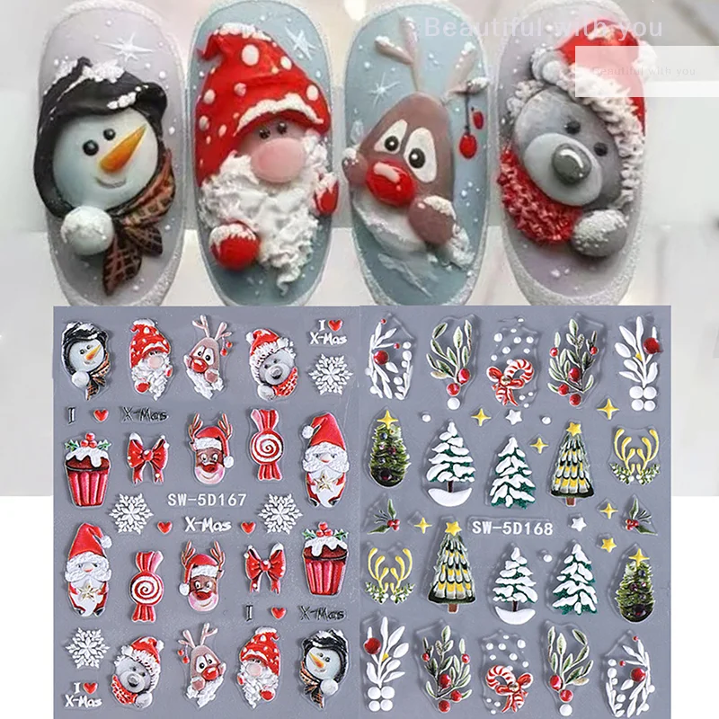 

3D Christmas Nail Art Stickers Winter Gingerbread Man Red Santa Claus Tree Bear Snowman Deer Sliders Decals Manicure Decorstion