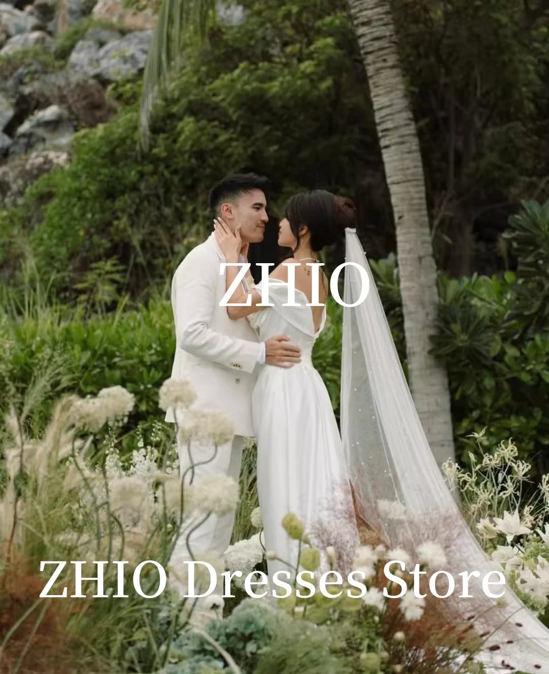 ZHIO فساتين زفاف بطيات الأميرة على شكل حرف A قبالة الكتف طول الأرض سويب تراين فستان زفاف كوريا لالتقاط الصور حسب الطلب