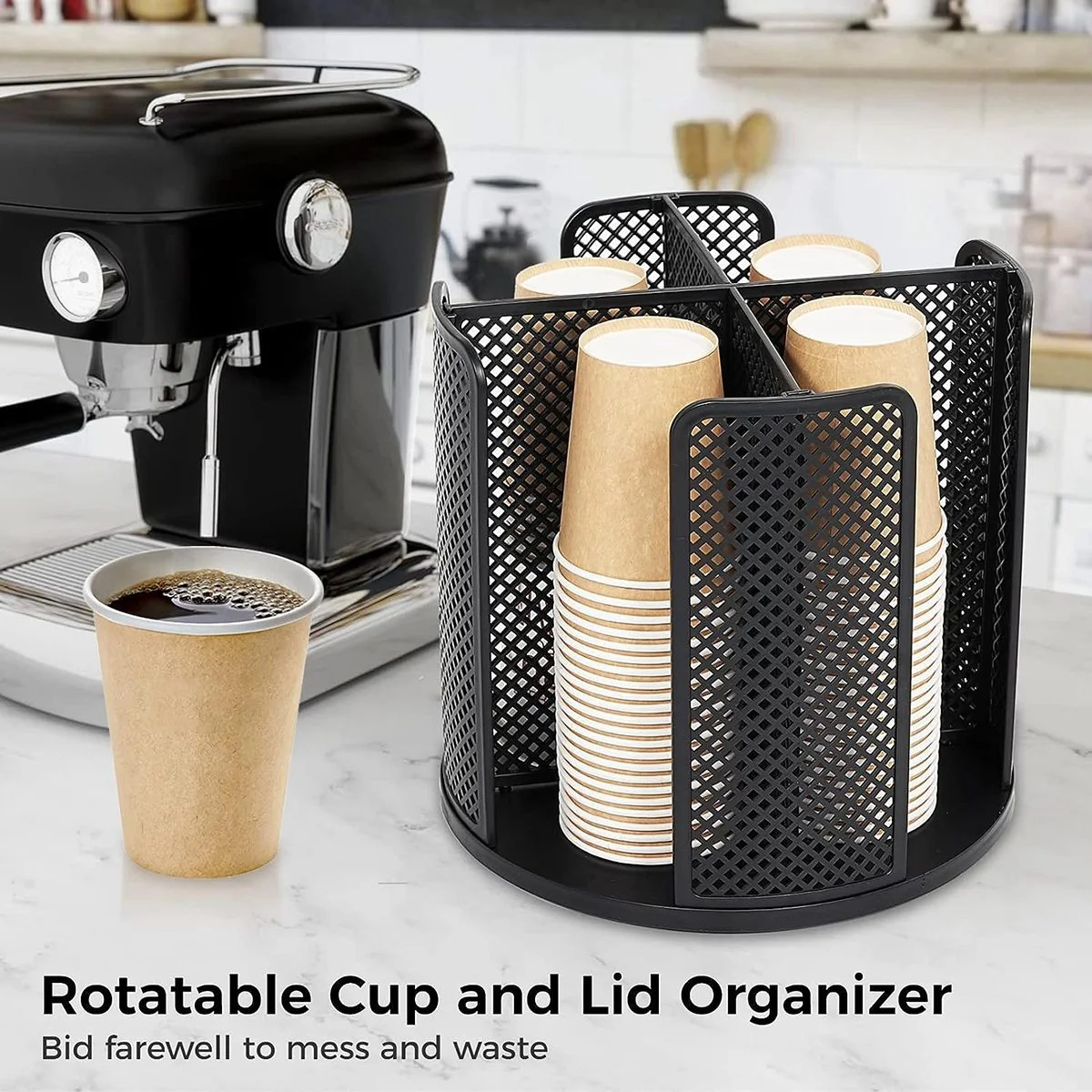 Rotatable Cup and Lid Organizer with 4 Compartments, Coffee Cup Dispenser,Paper Cup Storage Holder, for Countertop Black