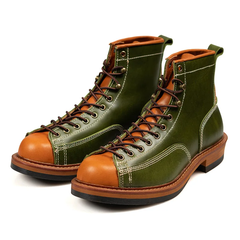 Vintage Handmade Goodyear-Welted Men Shoes Tooling Round Toe Ankle Boots British Black Platform Motorcycle Boots Genuine Leather