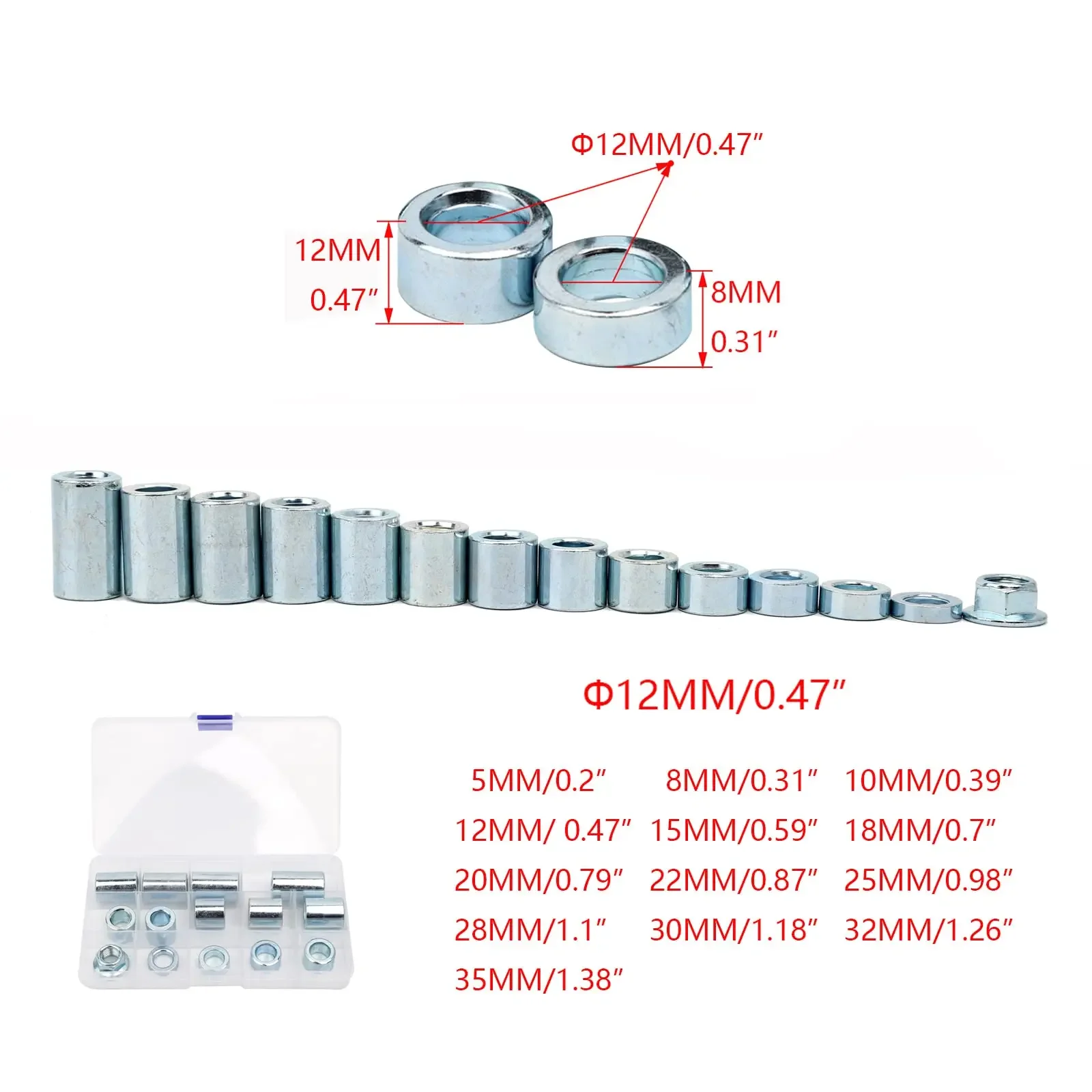 13Pcs M12 Industrial Steel Spacer Sleeve Bushings Fit for 12mm classic axle
