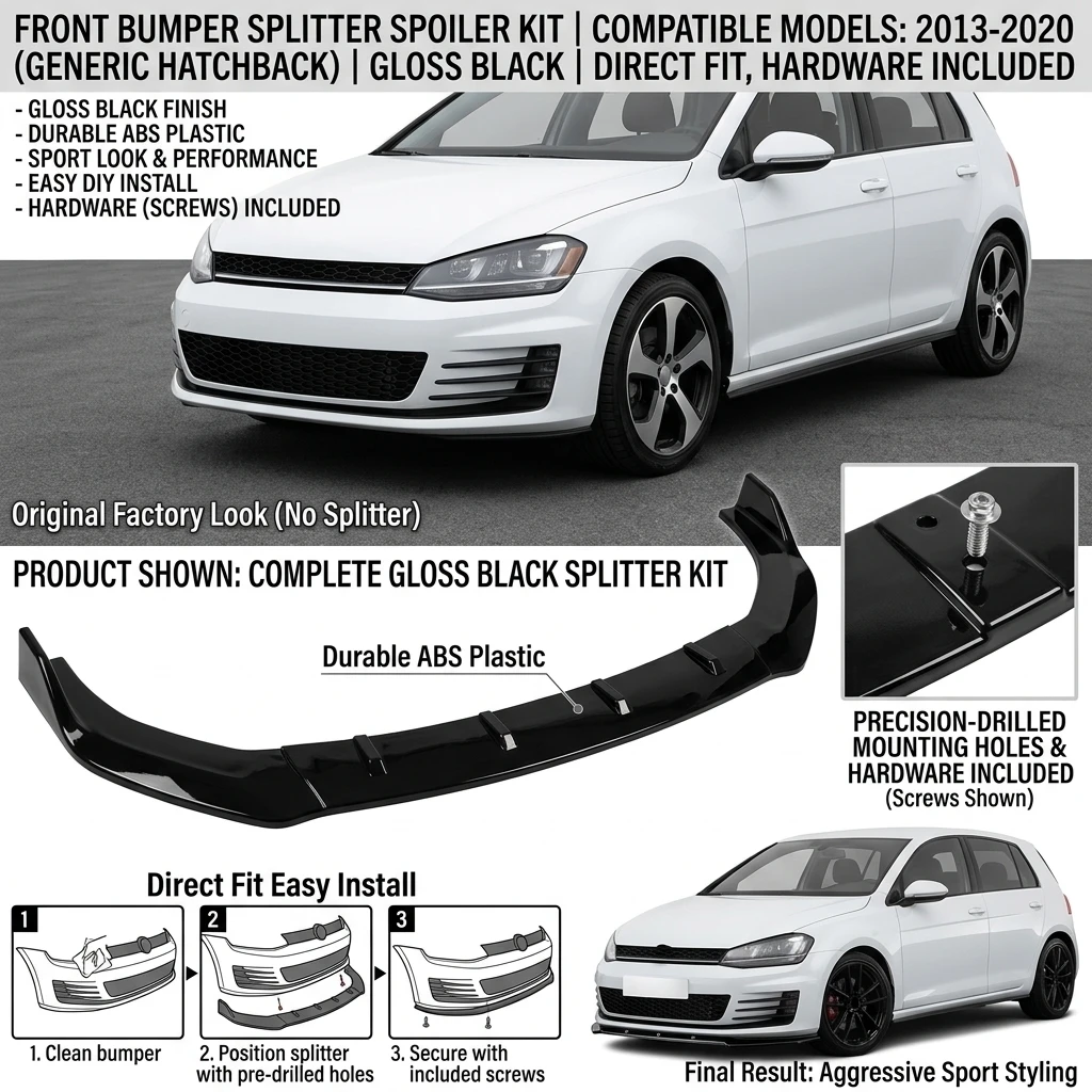 For VW Golf MK7 MK7.5 Front Splitter Spoiler Lip Body Kit R GTD GTI TSI TDI 2013-2020 Gloss Black Front Bumper Lip Splitter Chin Spoiler Diffuser ABS Plastic Durable Direct Fit Easy Install Car