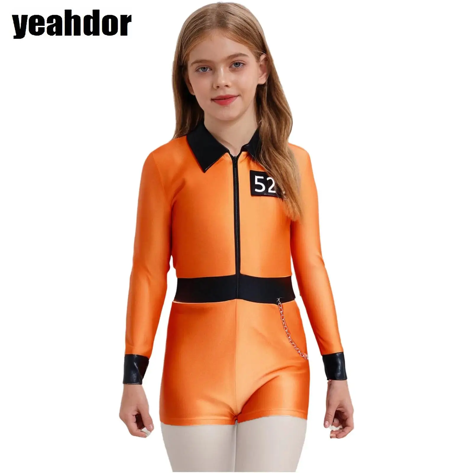 

Girls Convict Costume Turn-Down Collar Long Sleeve Front Zipper Side Chain Shorts Prisoner Jumpsuit for Halloween Themed Parties