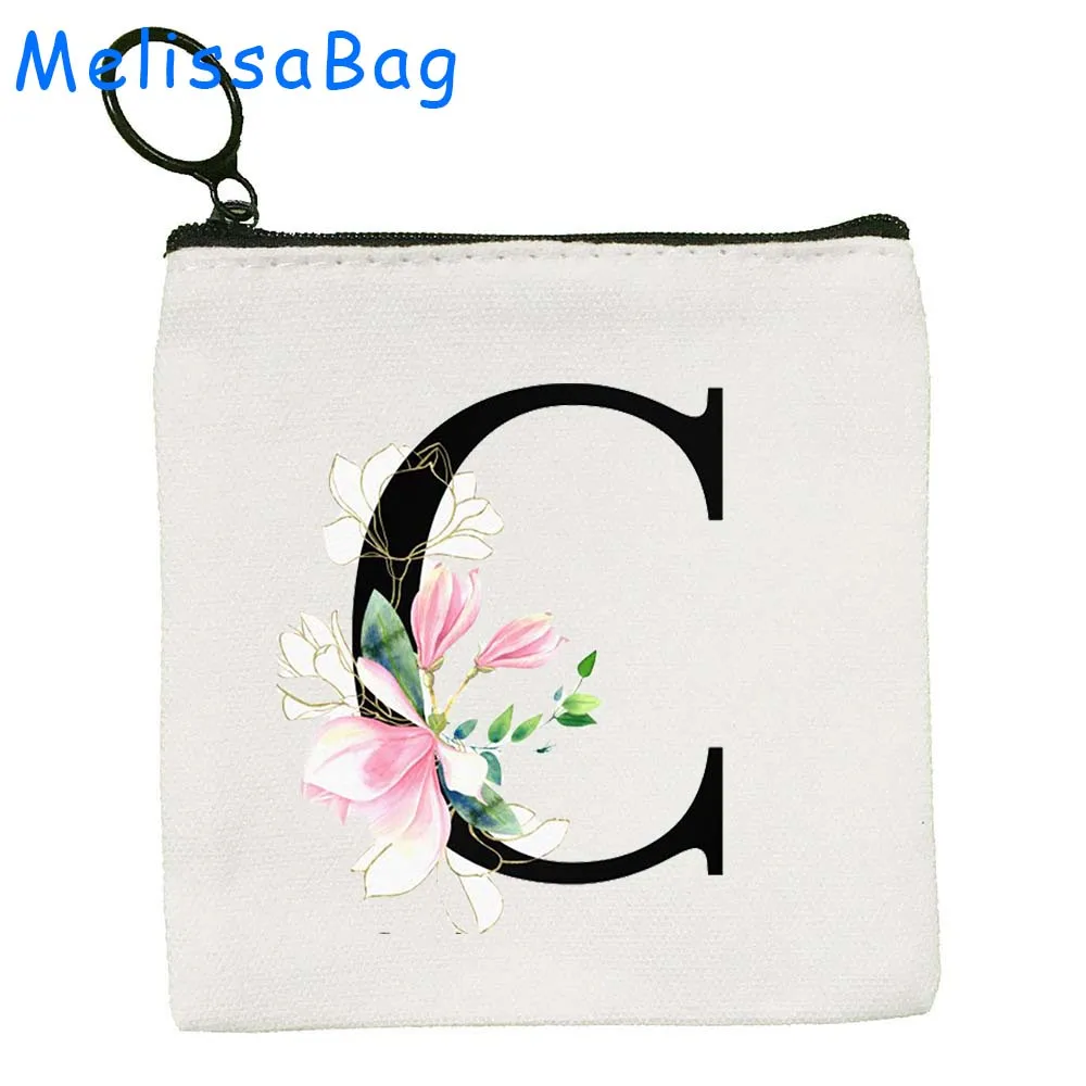 Bolsa floral de lona do monograma, Saco chave, Carteira, Bolsa com zíper, floral bonito, letra inicial A a Z, presente do alfabeto, flor bonita