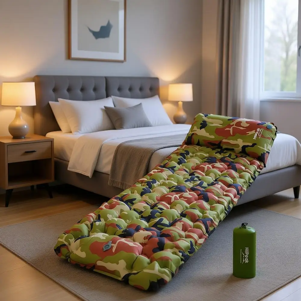 

Сверхлегкий портативный надувной матрас со встроенным ножным насосом, водонепроницаемый и прочный для кемпинга, походов и путешествий