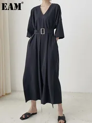 [EAM] Women Black Brief Belted Elegant Big Size Dress New V-Neck Three-quarter Sleeve Fashion Tide Spring Autumn 2024 1DH6206