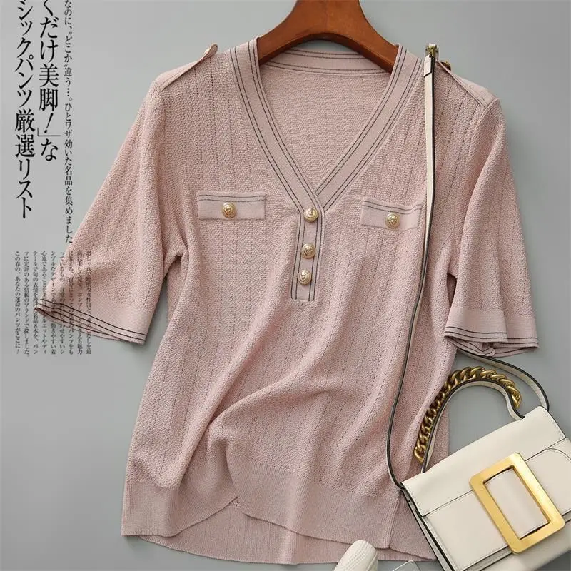 2023 Summer New Casual Fashion V-neck Solid Simple Knitting Tee Female Short Sleeve Pullover Top Women All-match Buttons T-shirt