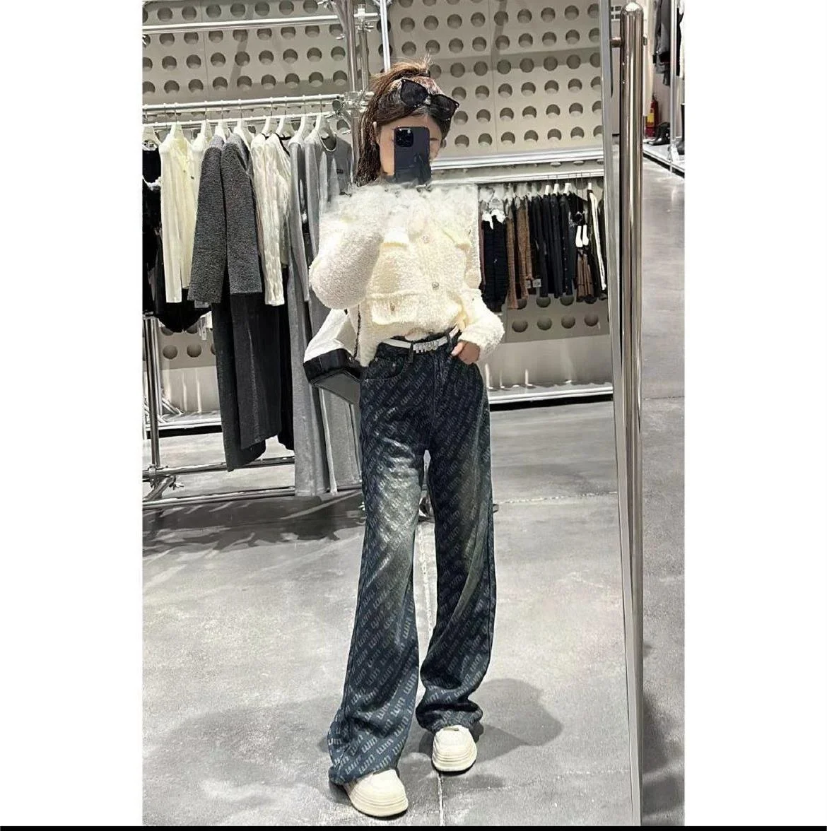 

Faionable High Waist Wide Leg Floor-Length Jeans Loose All-Match Spring 2024 Design Sense Print Casual Pants for Women