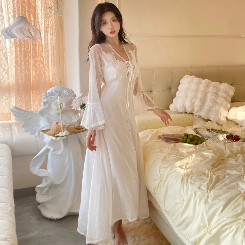 Ice Silk Nightgown Female Summer Sexy Lace Hollowed Out Long Dress Palace Style Home Clothes Solid Color Satin V-Neck Nightdress