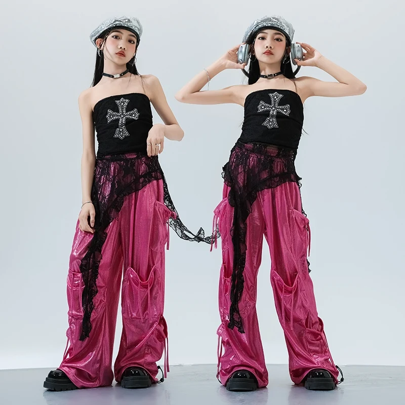 

Girls Hip-hop Outfits Kids Clothes Jazz Dance Lace Irregular Top Pink Cargo Leopard Print Pants Catwalk Show Costume DQL10157