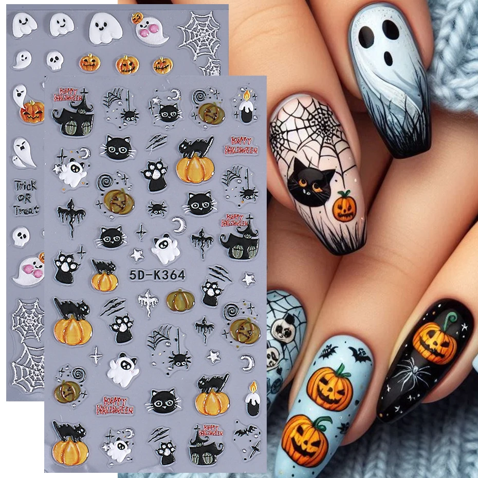 2pcs 5D Embossed Nail Stickers Cute Cat Pumpkin Star Skull Ghost Spider Web Adhesive Nail Decals Halloween Manicure Decoration