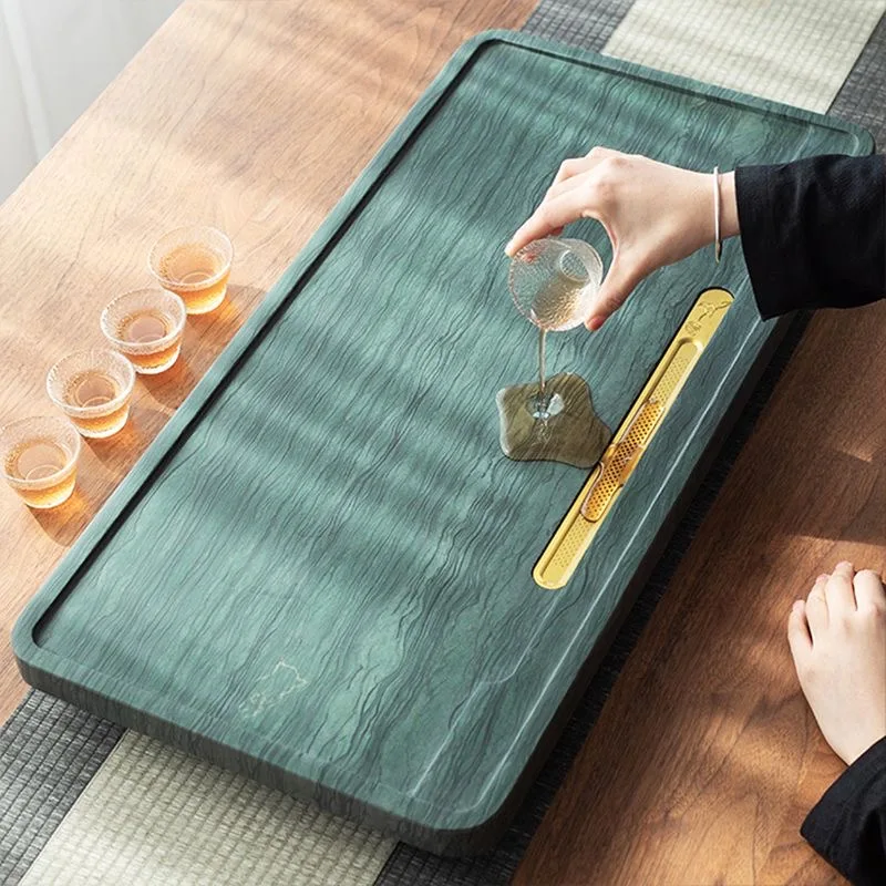 Green Rectangle Tea Tray Drainage Wood Plates For Food Office Tea Tray Hospitality Ceremony Bandeja Madera Home Decorationgs