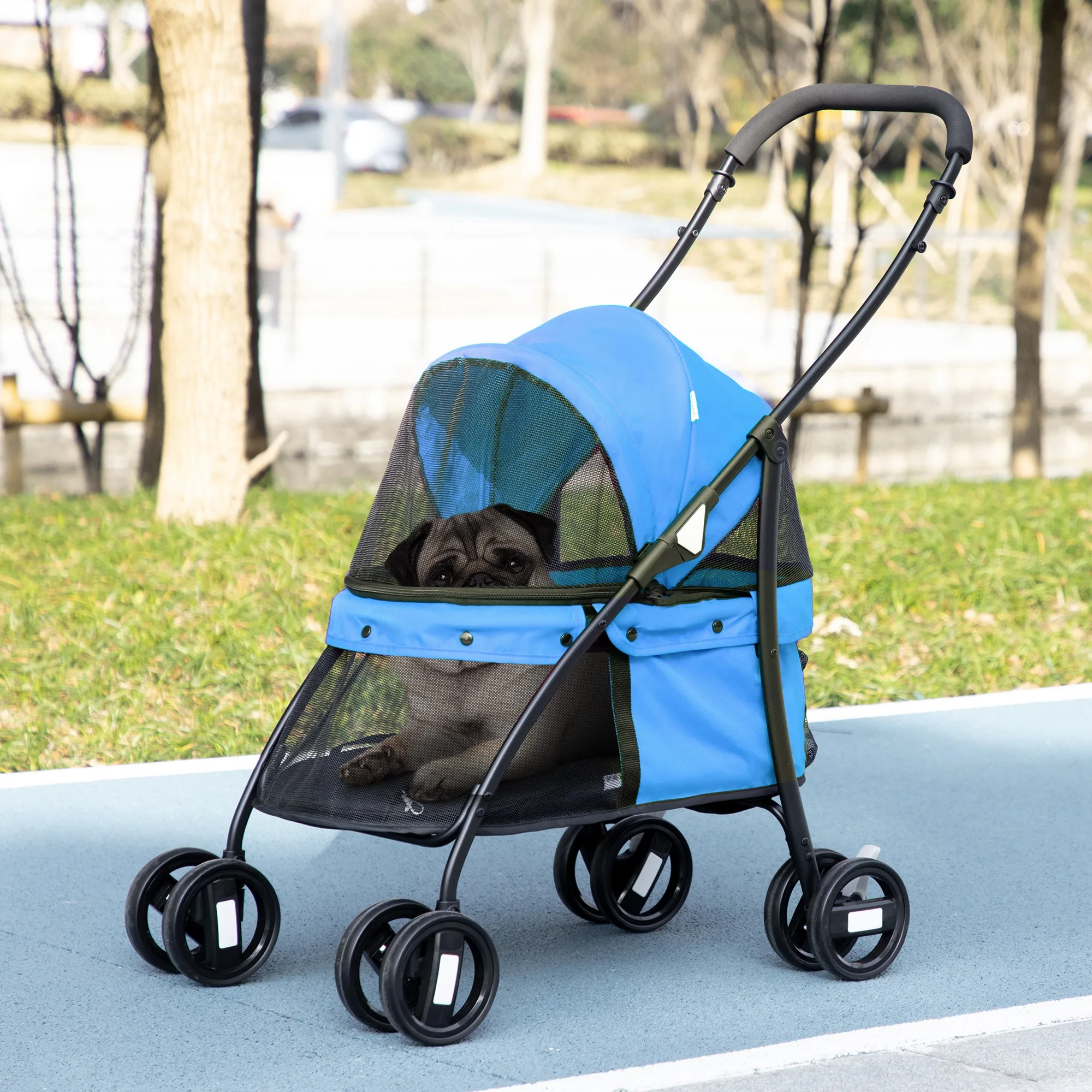 Buggy pour chiens, toit réglable, fenêtre en maille, fermeture éclair, acier, 82x47x97 cm, bleu/noir