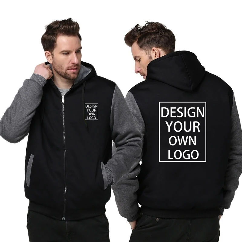 Custom Your Logo Men's Winter Thick Jackets Long Sleeve Zip Up Hoodies Fashion Outdoor Warm Loose Coat Personalized Clothing