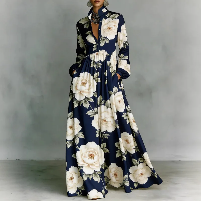 Elegante Sommerkleider mit Blumenmuster für Damen 2026 – Modisches Langarm-Maxikleid für Freizeit