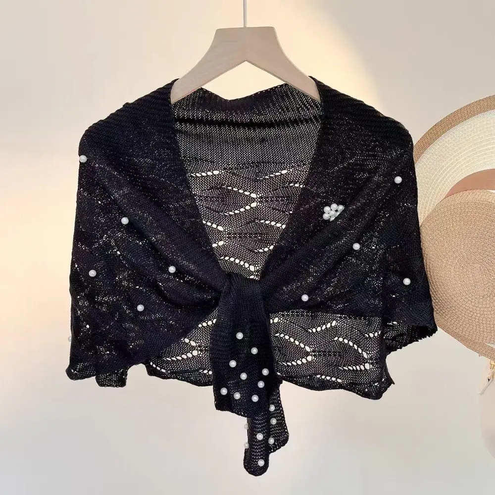 

Летний вязаный вязаный кардиган с полым дизайном, повседневная одежда, куртка-кардиган с жемчугом, элегантные солнцезащитные топы, универсальный дизайн