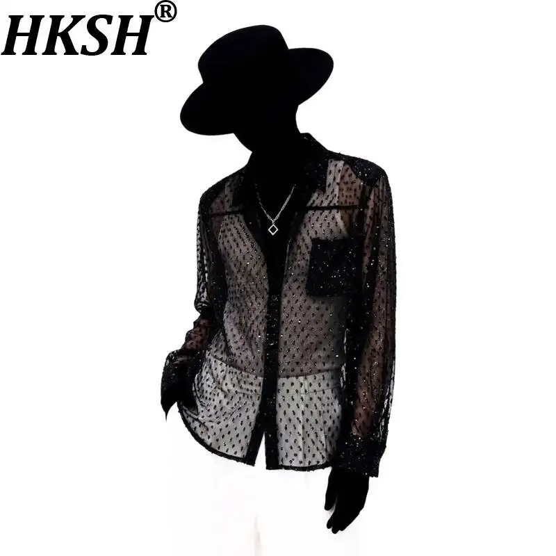 HKSH Spring Autumn New Men's Tide Chic Sheer Mesh Long-Sleeve Padded Shoulder Shirt Lightweight Breathable Unique Design HK24199