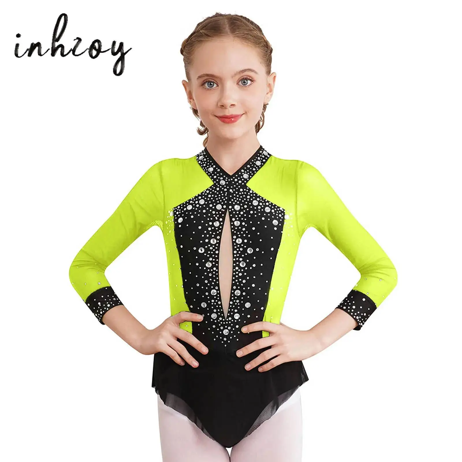 

Kids Girls Figure Ice Skating Dance Leotards Sparkly Rhinestones Color Block Sheer Mesh Skirted Bodysuit for Rhythmic Gymnastics