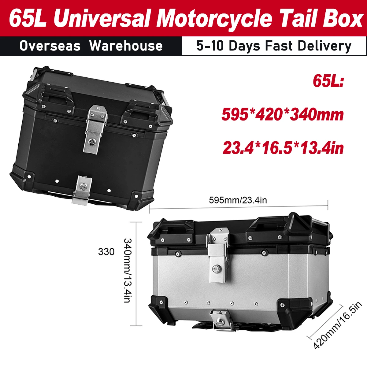 65L Motorcycle Rear Trunk Luggage Case Quick Release Motorbike Tail Storage Box Waterproof and Shock Absorption Aluminum Alloy