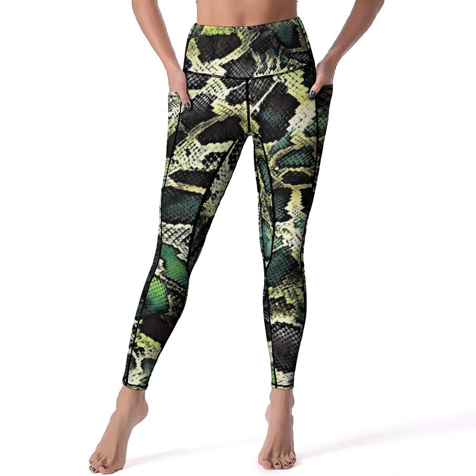 Snake Skin Print Leggings Sexy Green Black Fitness Yoga Pants High Waist Elastic Sports Tights Pockets Aesthetic Graphic Leggins