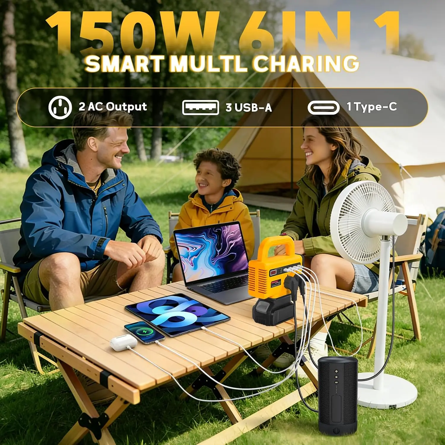 150W Tragbarer Stromwechselrichter für Makita/Dewalt/Milwaukee 18V Li-Ionen-Akkus mit USB-Typ-C-Anschluss und LED-Licht, Wandmontage – Detail 7