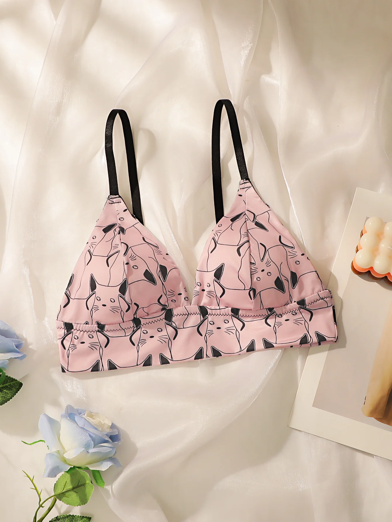 Bralette Wireless Soft - Kawaii Cat Print Triangle Bralette Women