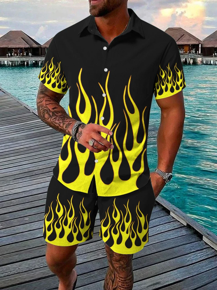 Setelan baju pantai lengan pendek Hawai pria, kemeja lengan pendek dan celana pendek pantai motif api 3D, baju kasual musim panas, celana pendek olahraga harian