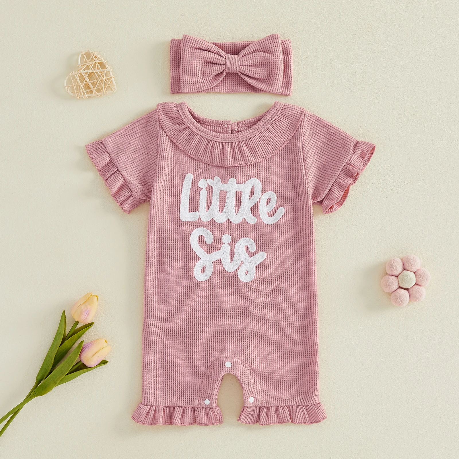 

Комплект комбинезонов VISgogo для маленьких девочек, комбинезон с короткими рукавами и вышивкой букв, с повязкой на голову, летняя повседневная одежда