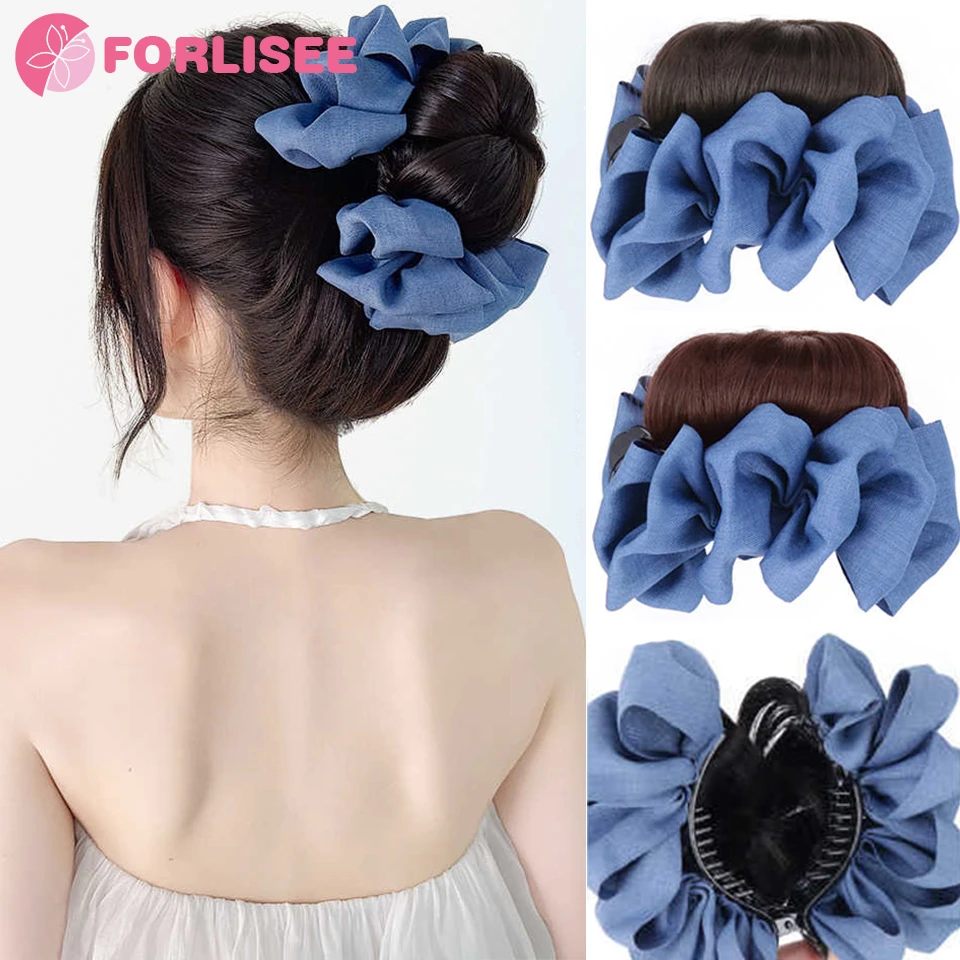 

FORLISEE Synthetic Ball Head Wig Female High Tie Blue Bow Claw Clip Flower Bud Hair Bun To Increase Hair Volume Wig Headband