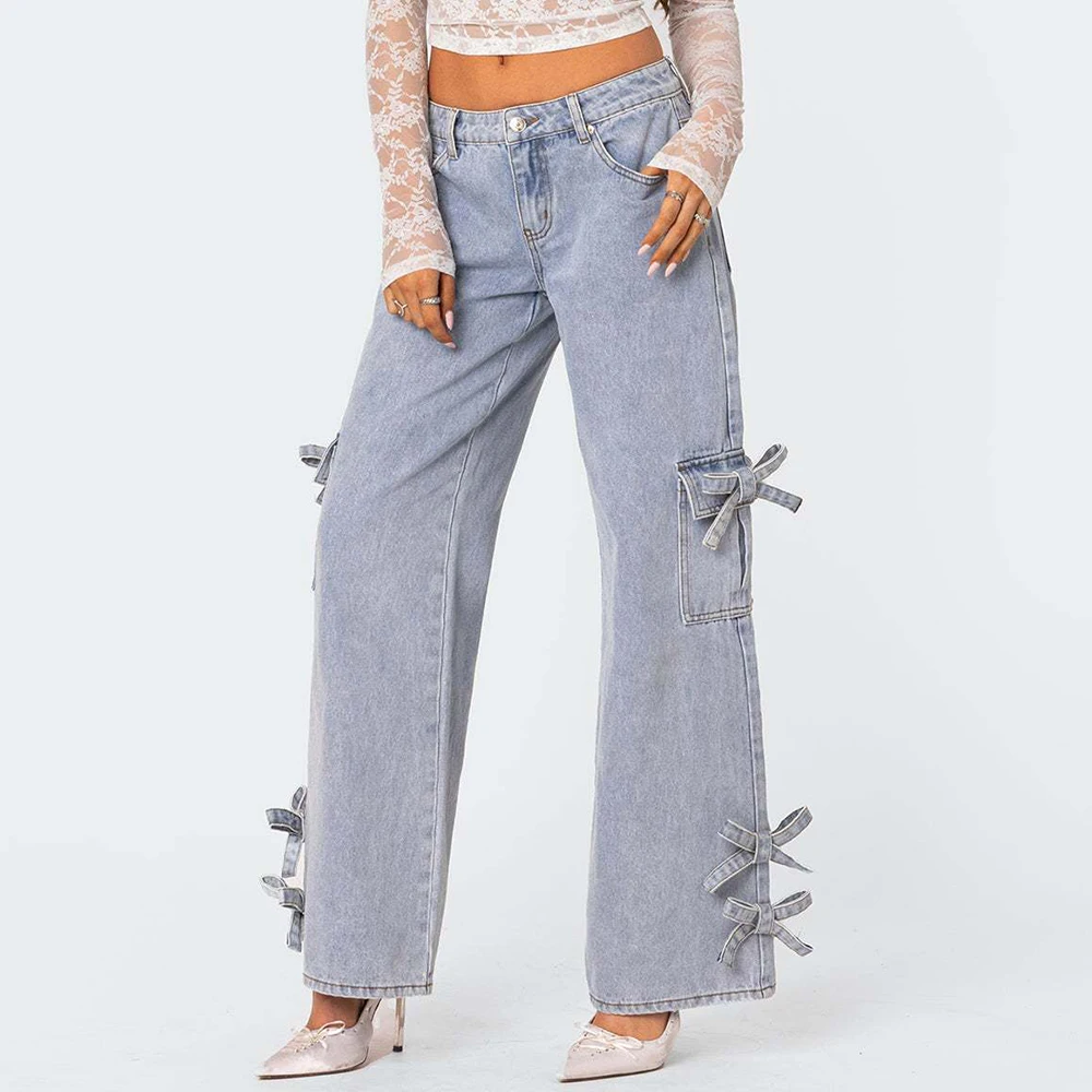 سراويل Mia Muse Denim طوال الموسم بسيطة وجيب جانبي يومي وفيونكة عالية الخصر بطول كامل، سراويل مستقيمة بقصة عادية للنساء