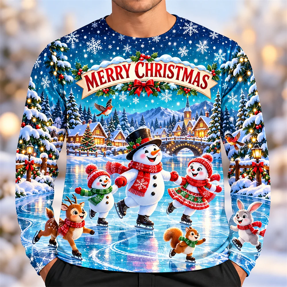 Merry Christmas Santa Claus Long Sleeve T Shirt for Men 3D Print Cute Snowman Winter Village Graphic Crew Neck Holiday Party Top