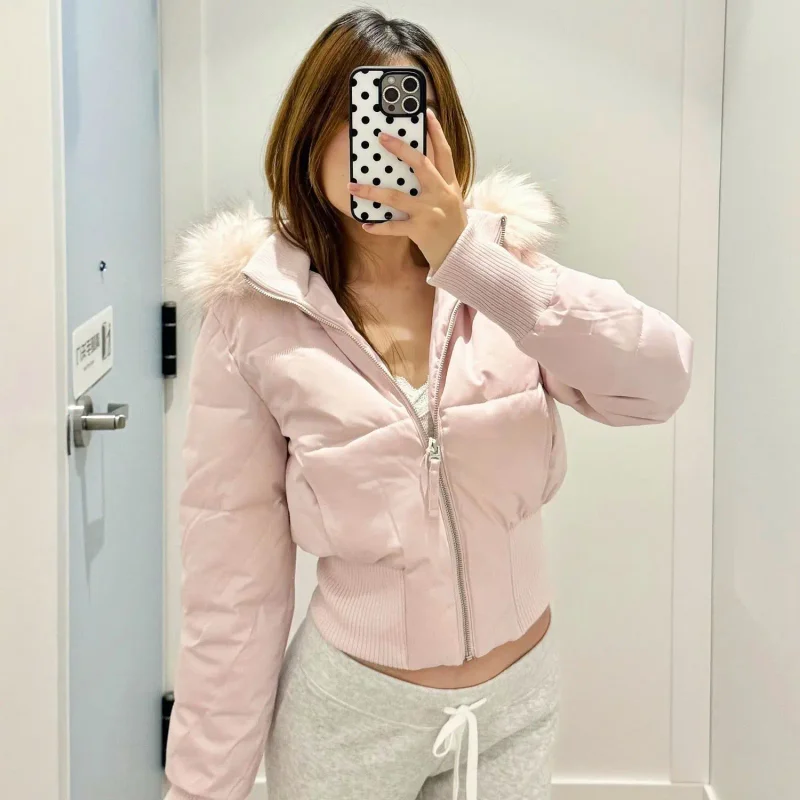 

Fashion Women's Cotton Jacket Fur Collar Zipper Slim Waist Pocket Warm Thicken Coat Autumn Winter Hooded Jacket Lady Outwears