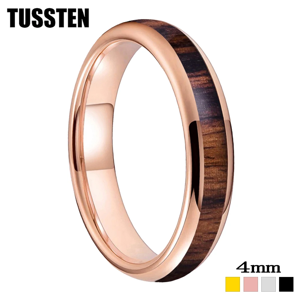 Dropshipping TUSSTEN 4MM Tungsten Carbide Ring for Men Women Engagement Wedding Band Rosewood Inlay Trendy Jewelry Comfort Fit