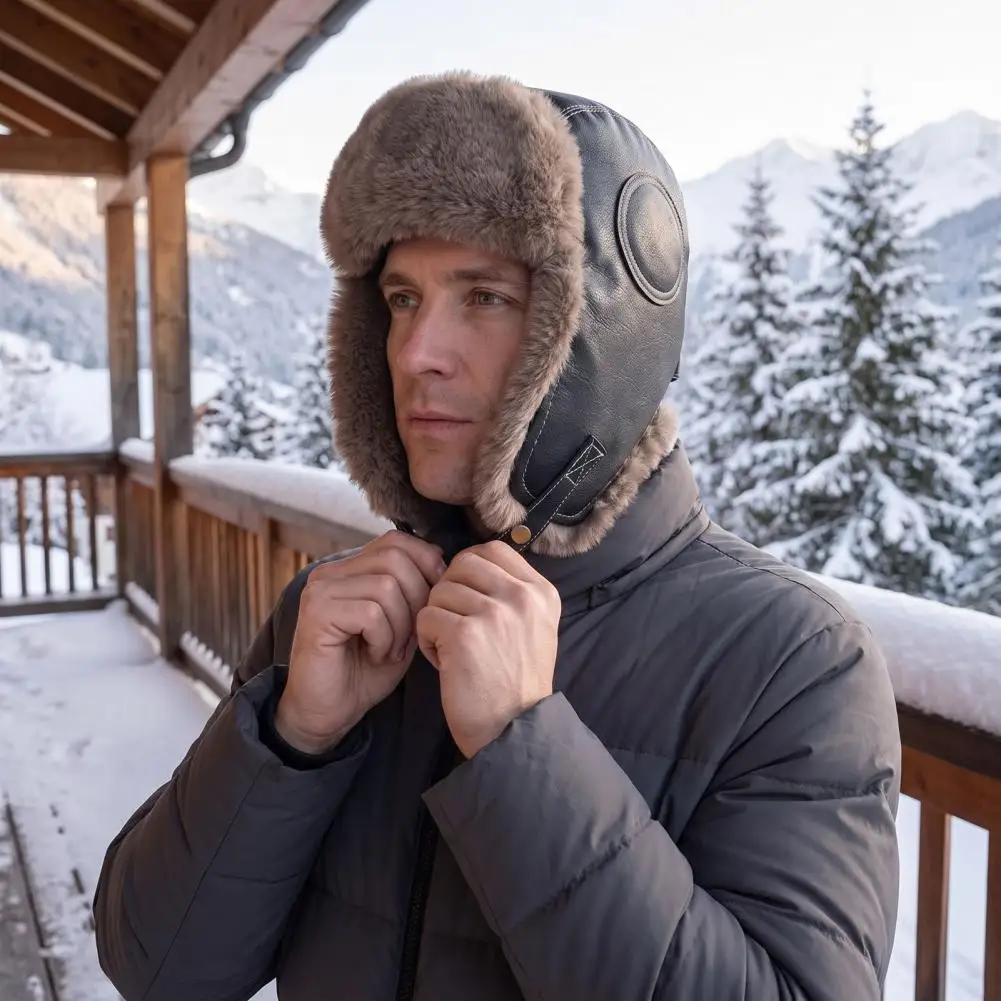 Outdoor Skiing Windproof Cap Winter Trapper Hat with Ear Flaps Windproof Pu Leather Cap Thick Fleece Lined Fur Warmer for Men