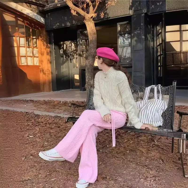 Knitted Thickened Fried Dough Twists Casual Straight Trousers Women Autumn Winter High Waist Loose Wool Wide Leg Pants Mop Pants