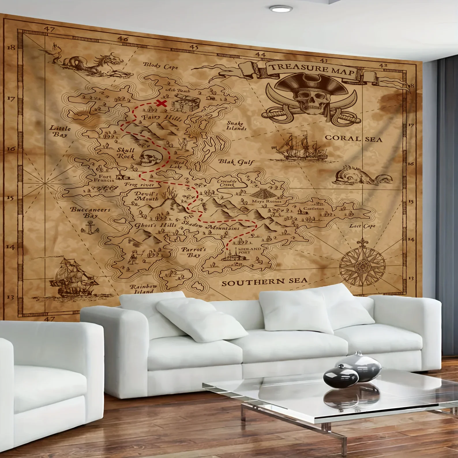 Antique Treasure Map Tapestry Pirate Wall Art Nautical Decor Retro Boho Jungle Cave Man Cave Printing Large Size Room Background