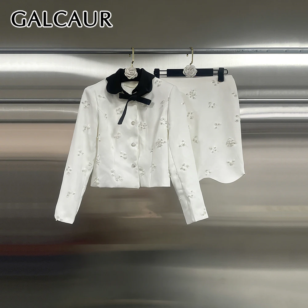 

GALCAUR Solid Spliced Beading Two Piece Set Female Lapel Long Sleeve Jacket Korean Sweet Women's Skirt Sets Fashion Autumn New
