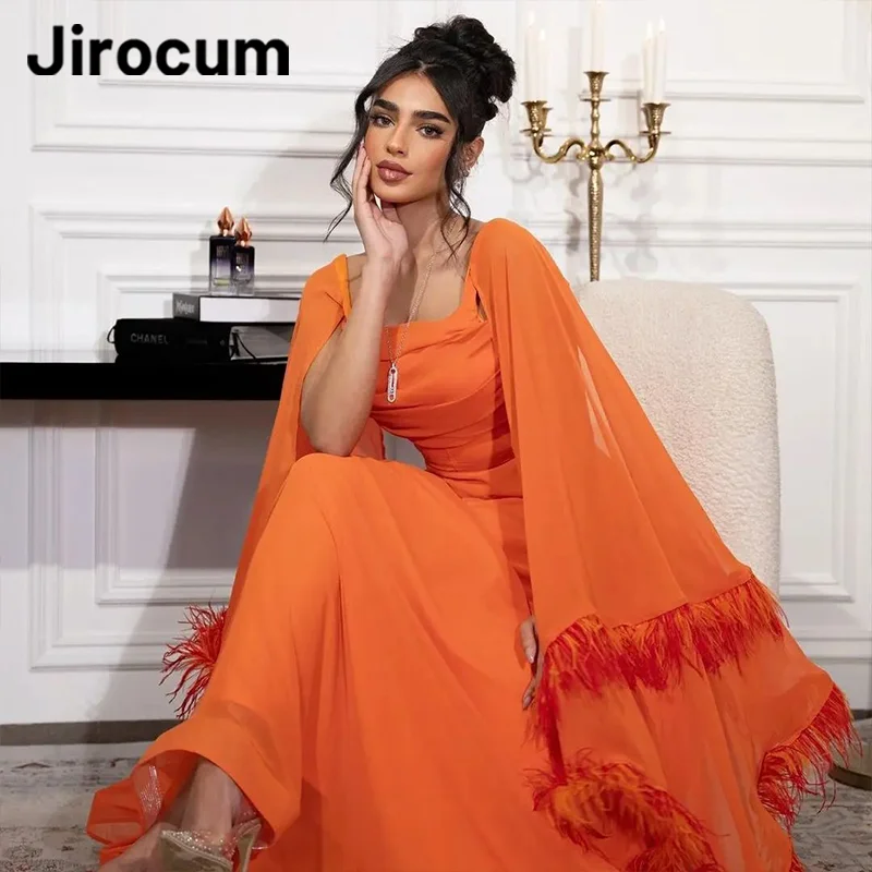 

Jirocum Elegant Orange A-Line Prom Dress Women's Square Neck customized Party Evening Gown Floor Length Formal Occasion Gowns