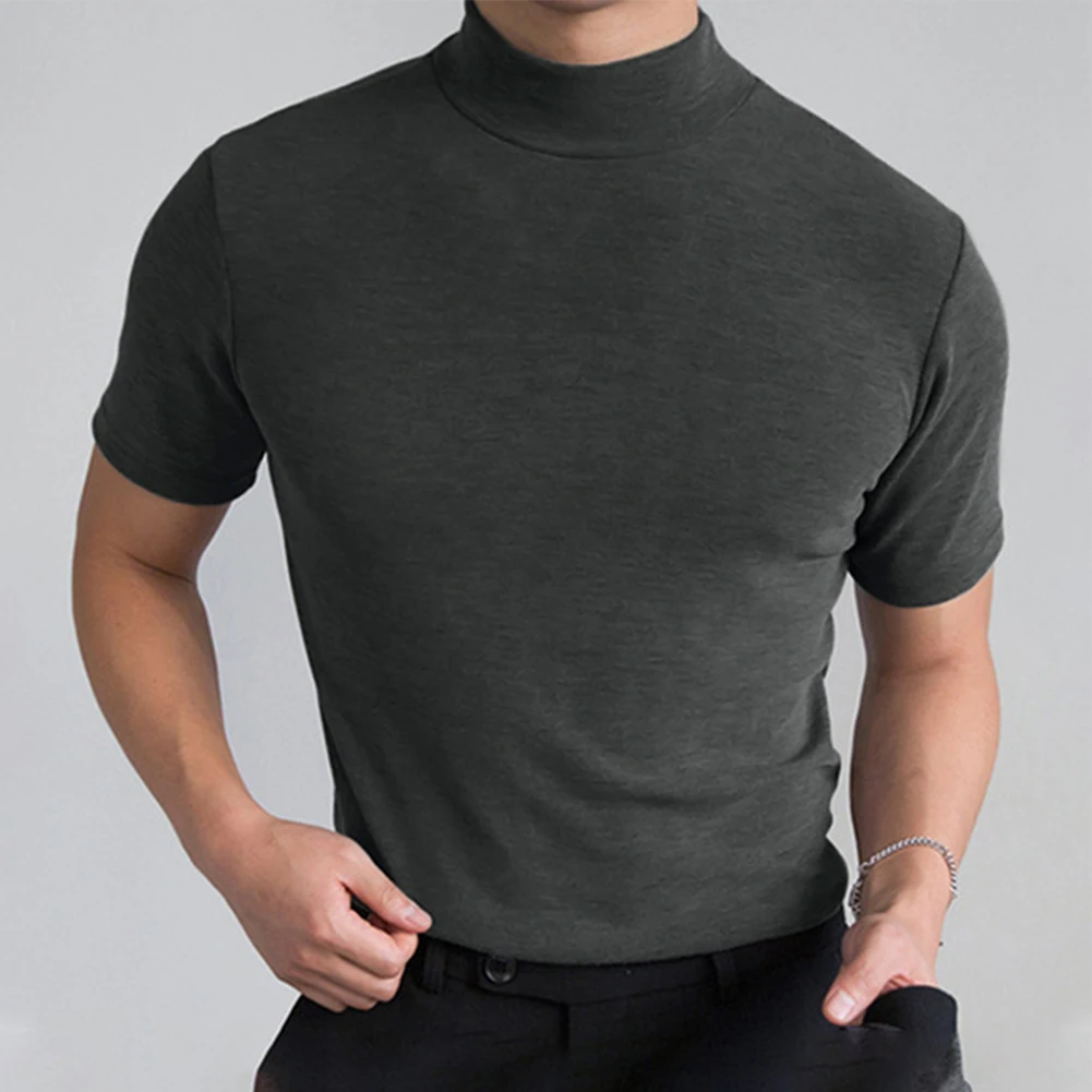 Fashion Summer Man T-Shirts Basic Slim Fit Muscle Solid Color Turtleneck Short Sleeve Tee Tops Clothing T Shirt For Men