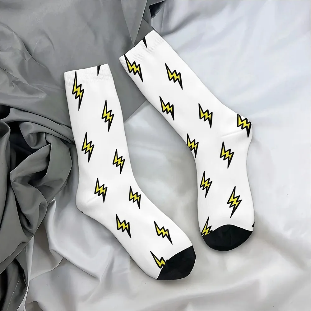 1 Pair Unisex Harajuku Seamless Print Crew Socks, Novelty Fun Lightning Design, 95% Polyester 5% Spandex, Hand Wash Only
