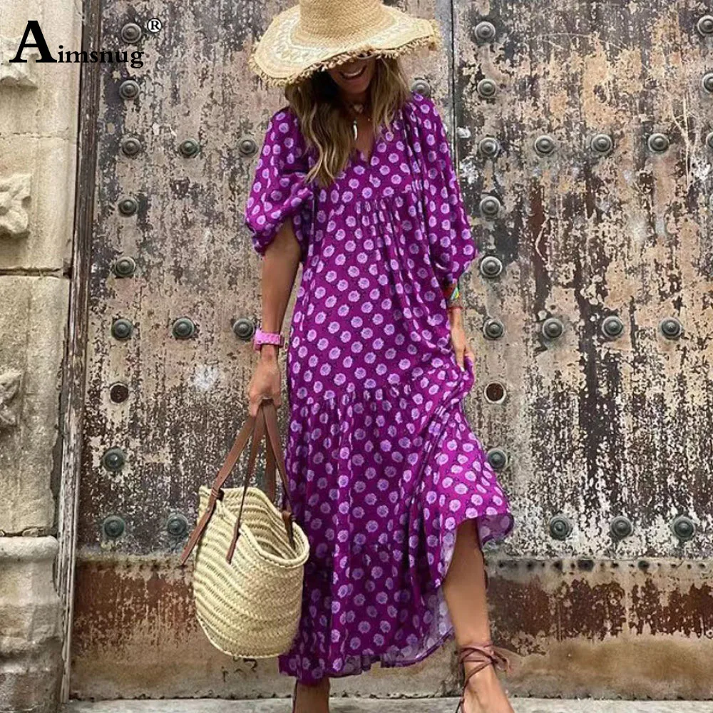 Oversized Women Elegant Long Perspective Beach Dress 2024 New Summer Casual Boho Flower Print Dresses Ladies Vintage Maxi Dress