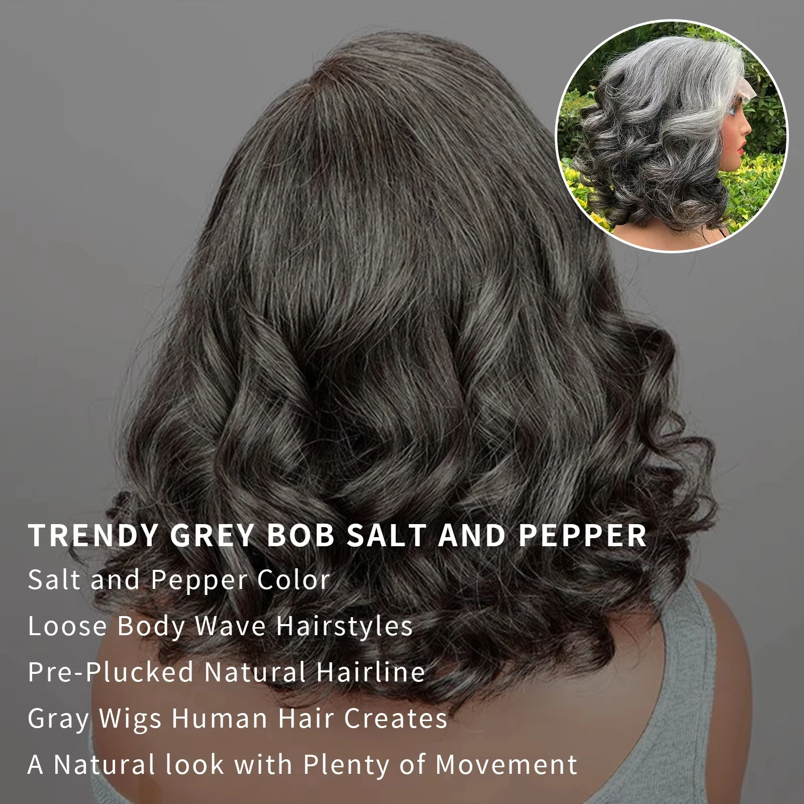 Peluca Bob gris plateada de 12 pulgadas de onda suelta de 180 de densidad, peluca 100% sin pegamento, cabello humano listo para usar, peluca sin pegamento de encaje 5x5 para mujeres
