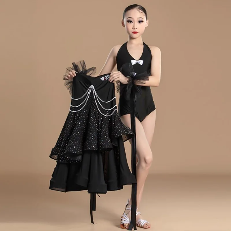 

Детское боди с открытой спиной и жемчугом для девочек, современная танцевальная одежда, вальс, социальный танец, большая юбка, танцевальные костюмы, бальное платье, стандартное