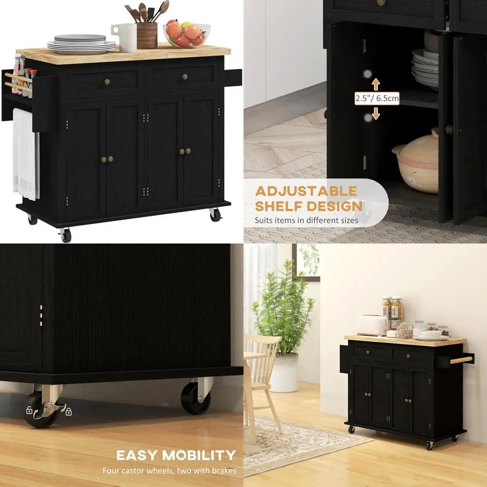 Стол на колесиках для кухни с резиновой деревянной столешницей, ящиками, регулируемыми полками, местом для хранения специй на колесах