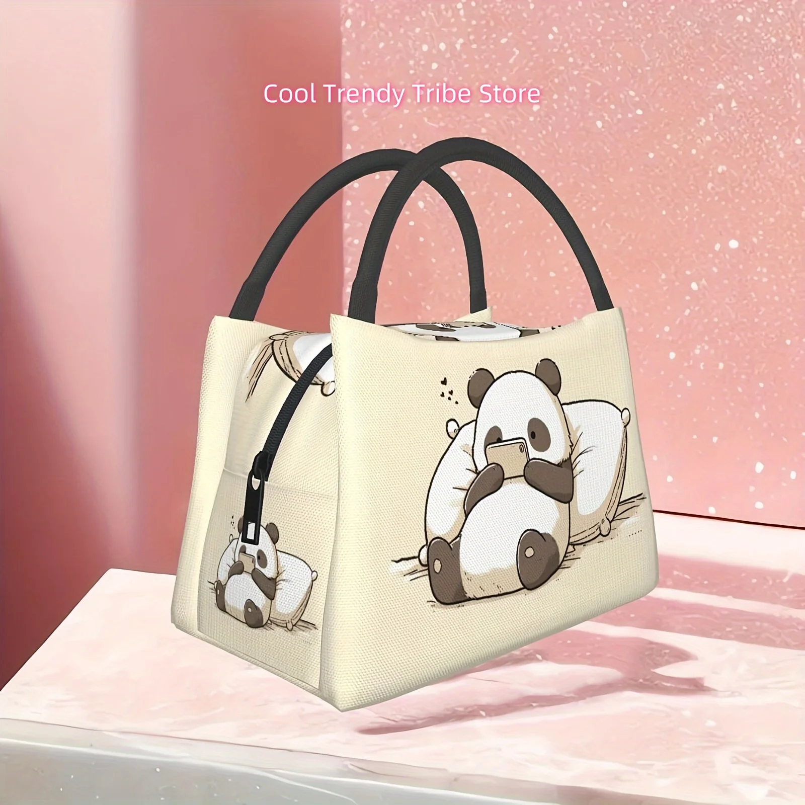 Reusable Panda Print Polyester Lunch Bag for Men and Women - Hand Washable Insulated Cooler Tote for Work, Picnics, and Outdoor