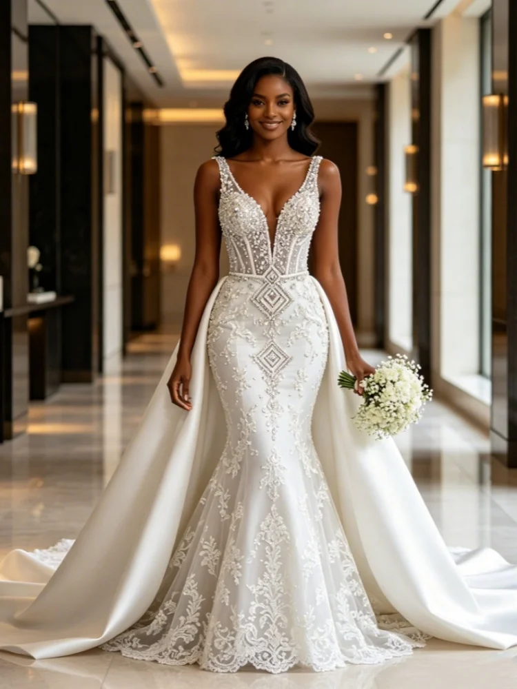 Custom Luxury Mermaid Wedding Dress 2026 Deep V Neck Beaded Rhinestone Corset Lace Bridal Gown Satin Overskirt Long Train