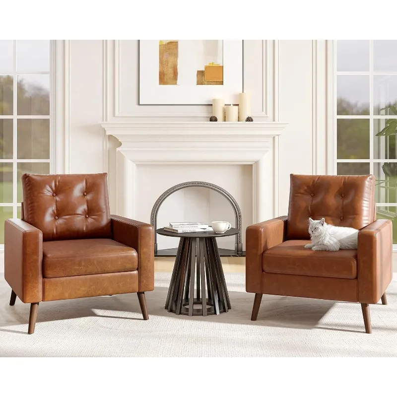 

Set of 2 Mid Century Modern Armchair, Button Tufted Faux Leather Accent Chair with Arm, Upholstered Club Chair for Living Room,