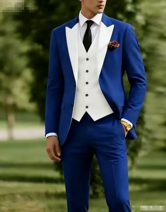 

White And Blue New Men Suit Wedding Party Formal Groom Groomsman Prom Business Male Tuxedos 3 Piece Set Jacket Vest Pants