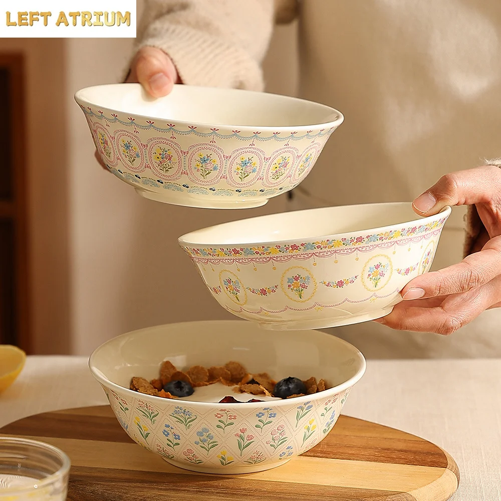 Korean Ins Ceramic Bowl Creative Sweet Floral Round Porcelain Dinnerware Breakfast Milk Oats Yogurt Salad Bowls Personal Items